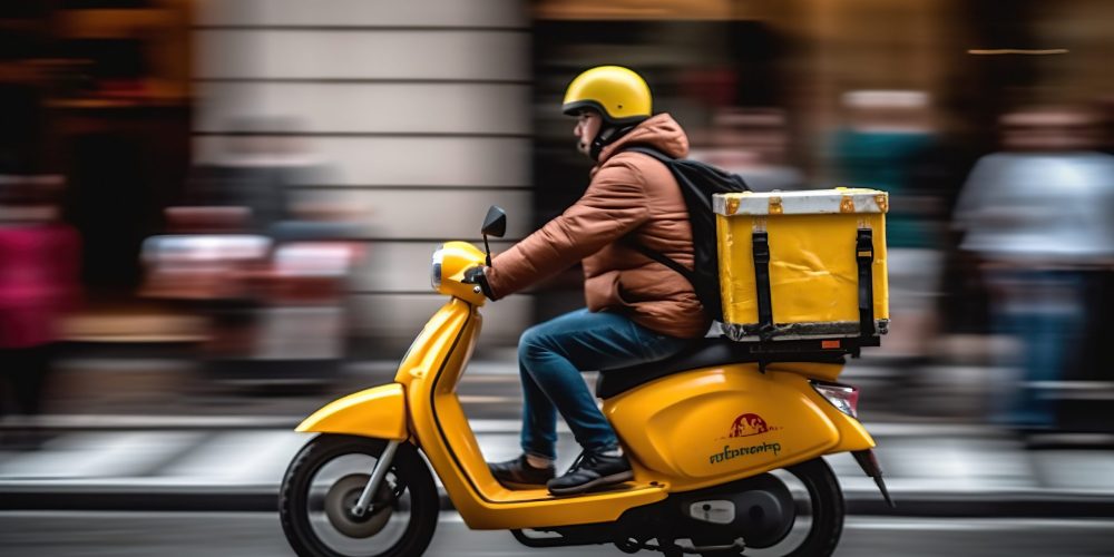 Um entregador de comida com capacete e mochila brilhante acelera pelas ruas movimentadas em sua motocicleta. O desfoque de movimento das luzes da cidade aumenta a sensação de velocidade e urgência com cores da empresa lm cursos de transito de rio de janeiro